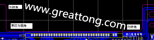 PCB設(shè)計時單面板的轉(zhuǎn)角都需為圓角，R1.0mm或R2.0mm為宜。